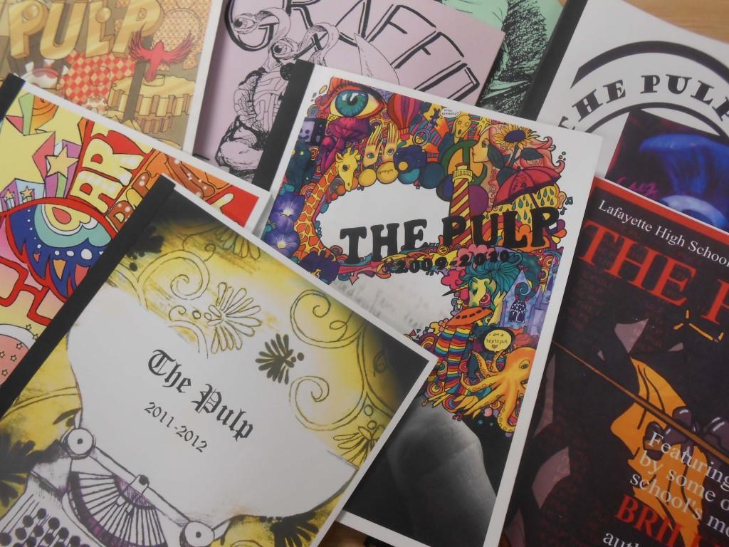 Past+editions+of+The+Pulp.+Artwork+on+the+cover+is+designed+by+students+as+well.+