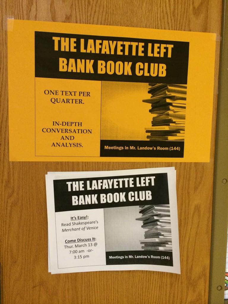 Posters on language arts teacher Jeffrey Landows door advertising the Left Band Book Club (LBBC). Information about meetings can be found in Room 144 or around the school on distributed posters. 