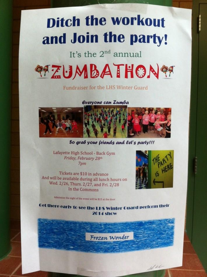 Details for the Zumbathon fundraiser, sponsored by Lafayettes Winter Color Guard. 