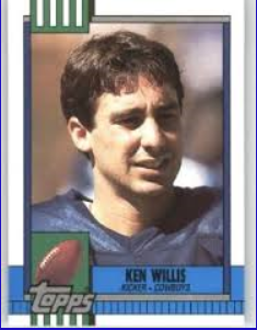 A Topps trading card from math teacher Ken Willis time in the NFL as a kicker for the Cowboys, Giants and Buccaneers. 