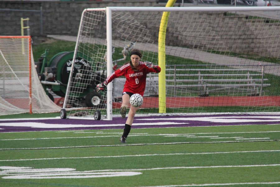 Natalie Phelps performs a goalie kick in a game against Eureka. The Lady Lancers would go on to lose the contest 2-0.