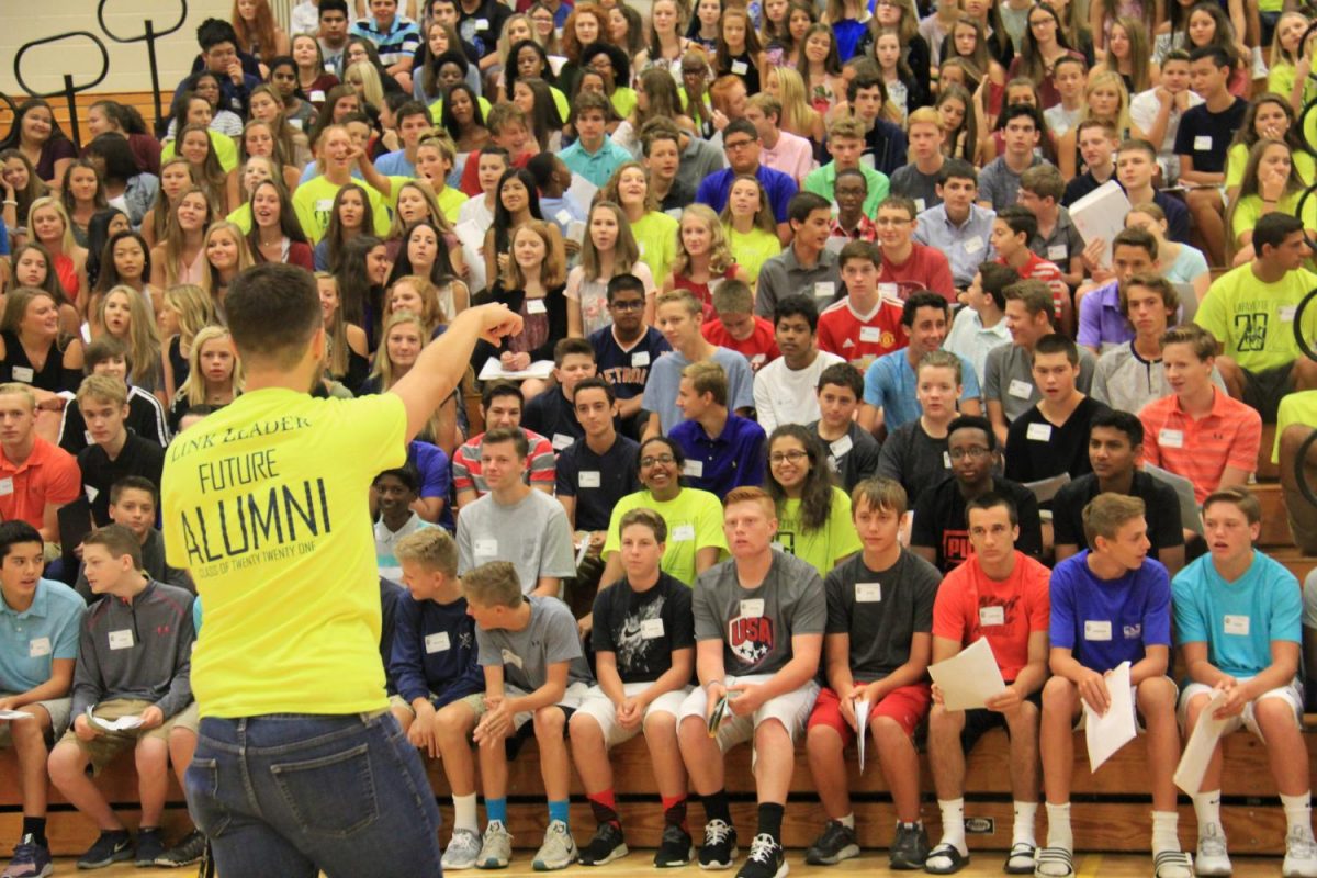 During Freshman Orientation, Kevin OGorman pumps up the Class of 2021 before a long day of orientation.