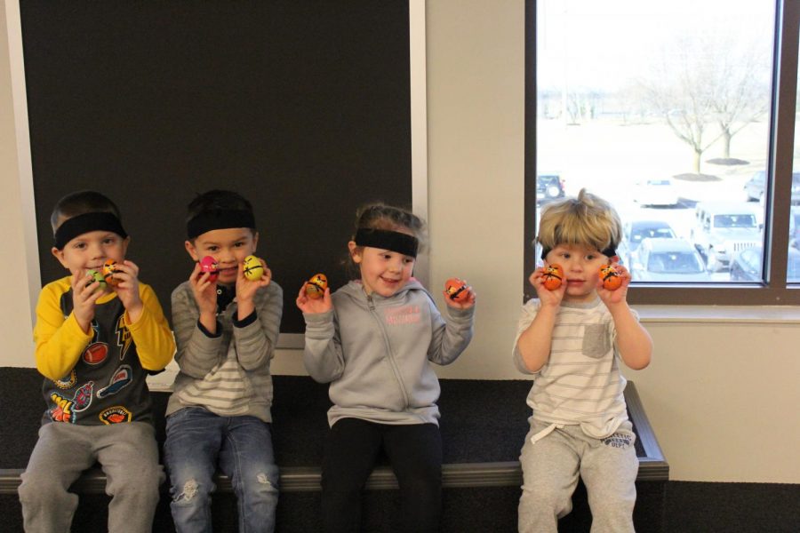 The librarians hid Ninja eggs around the fiction area of the library. These are the first four Ninjas to find their eggs. 
