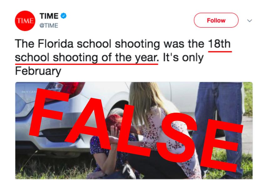 On Feb. 15 at 4:00 a.m., @TIME tweeted The Florida school shooting was the 18th school shooting of the year. Its only February along with a link to a story on time.com with the headline The Florida School Shooting Was the 18th School Shooting of the Year. This statement has been proved to be incorrect and that headline has been changed to The Florida School Shooting Was One of Several This Year. And It’s Only February.