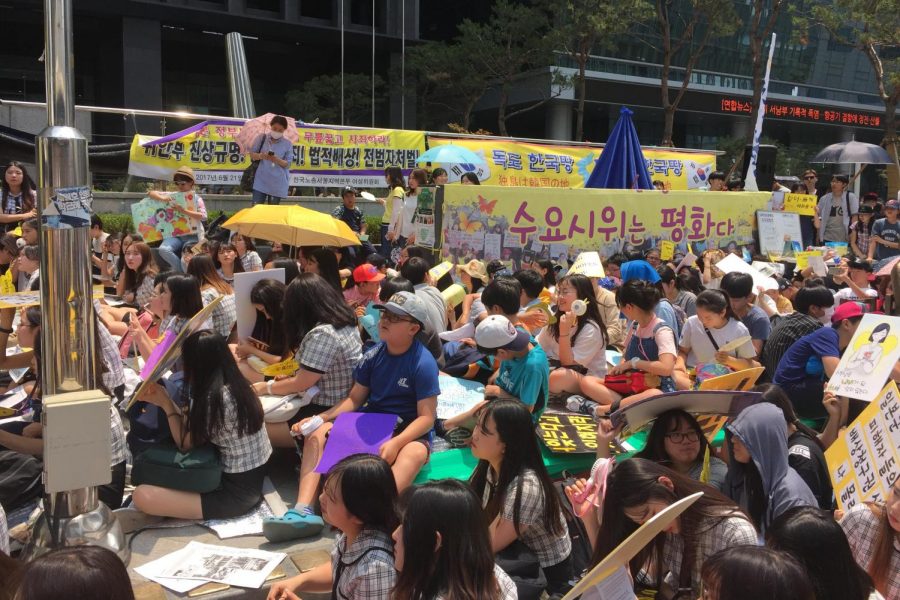 Women conduct a Comfort Women protest outside of a Japanese Embassy in Seoul, South Korea