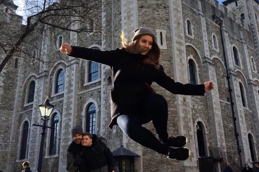 Sophomore Sydney Garcia heal clicks in from of the London Tower in London, England.  