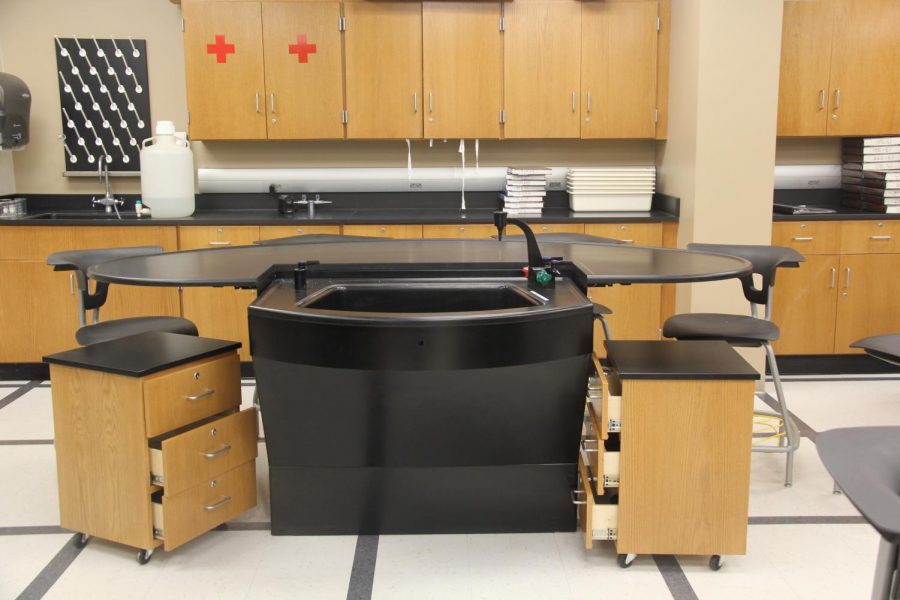 The new chairs that have been put into the renovated rooms have backpack holders on the bottom, giving more room to students and teachers during labs. The tables are easy to clean and are perfect for labs.