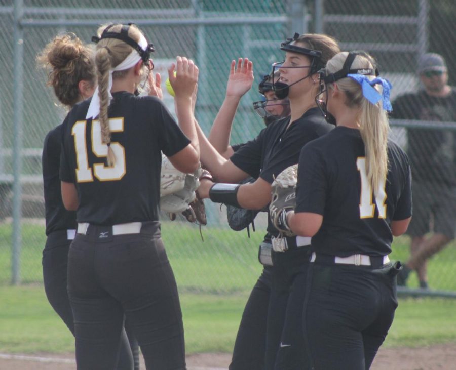 After forcing an out in their first home game of the season on Aug. 31,  the infield gathers in the pitchers circle to celebrate. The Lady Lancers shut-out the Parkway South Patriots with a final score of 1-0. The Lady Lancers are already off to a fast start with a  3-1 record. 