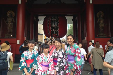 Kumar visits a Japanese temple with her friends. She is wearing kimono, a traditional Japanese dress.