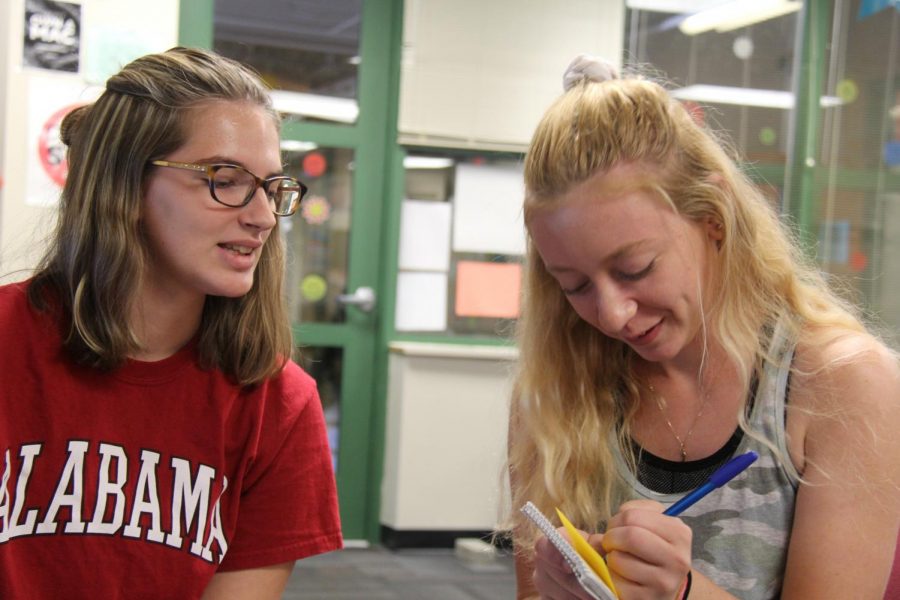 Student journalists Hayden Cotrell and Natalie Karlsson discuss a story they are writing.