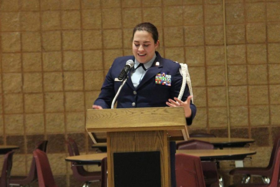 Kathryn Glusenkamp gives her final speech as Cadet Colonel. Glusenkamps remarks were followed by the induction of Andrew Teague, senior, as Cadet Colonel and Courtney Joersz, senior, as Cadet Lieutenant Colonel.