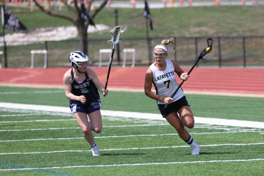 During a game against Parkway West, LHS graduate Katherine Goddin cradles the ball and looks down the field. Girls lacrosse, along with all other spring sports, have begun practices as athletes return to their school-sponsored spring sports for the first time since the initial lockdown.