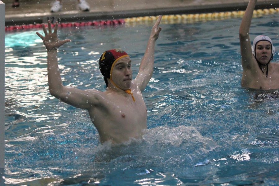 Leaping out of the water on the April 17 water polo game against Parkway South, junior Mason Rega attempts to get the ball. The Lancers fell to the Patriots 15-7.