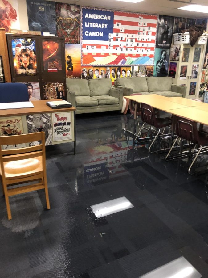 Water soaks a portion of the floor in Room 182, Aug. 17. Classes in Room 182 will be relocated to the Writing Center in Room 157.