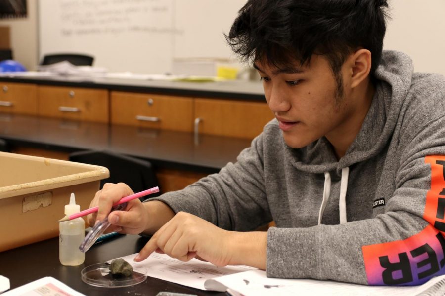 Tony Huynh, junior, works on a lab for Joseph Weirs Geoscience class. I dont want to stay after school or come in in the morning, so during Flex I put in time for assignments I havent done yet, Huynh said.