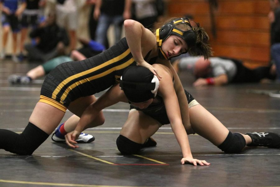 Sophomore+Faith+Cole+wrestles+an+opponent+at+the+annual+Fred+Ross+invitational+on+Jan.+11.+The+team+placed+second+overall+in+the+tournament%2C+with+Cole+placing+first+in+her+weight+class.+