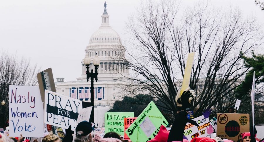 The Womens March on Jan. 21, 2017 encouraged millions to march in protest of President Trumps inauguration. A photo of the event on display at Washington, D.C.s National Archives blurred out words like Trump. Photo by StockSnap, licensed for reuse via Pixabay.