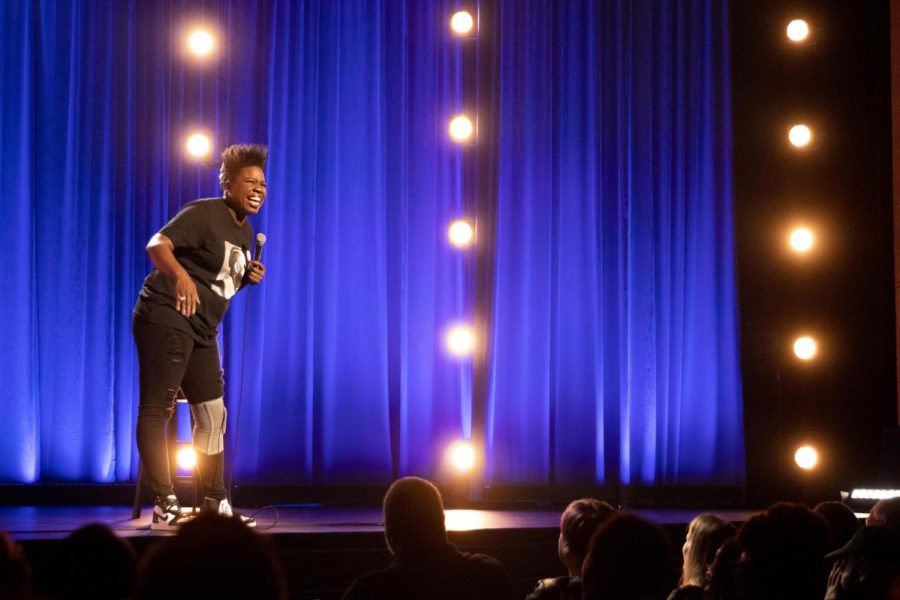 Comedian Leslie Jones performs her stand-up routine in her Netflix comedy special Time Machine. Photo by Emily Weisenberger, courtesy of Netflix Media Center.