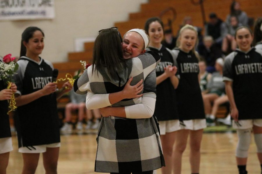 Captain Madison Chester, Class of 2020, surprised her coach, Denise Meyer, by choosing Meyer to be her SHEro during the SHEro night at girls basketball. Similar to choosing a SHEro, all students at Lafayette are encouraged to fill out the survey sent to their emails to indicate a trusted adult in the building. Trusted adults can range from any staff member that they feel safe with, including coaches they may have. 