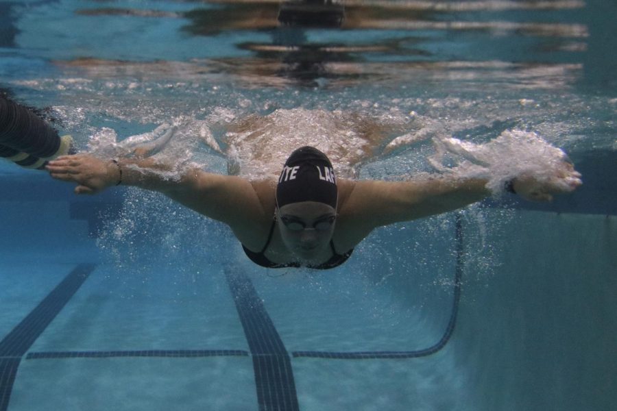 Senior Claire VanBiljon races with the butterfly stroke against her teammates at practice.  