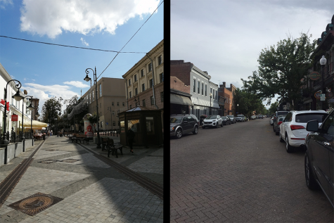 Left: In the capital city of Belarus, Minsk, Sasha walks down the street while showing me what the city looks like.
Right: In early Sept. I showed Sasha what St. Charles historic main street looks like. I wanted to send her a photo that shows that our two different places have more in common then we realized, and this was the perfect photo for me to send that shows similar architecture.