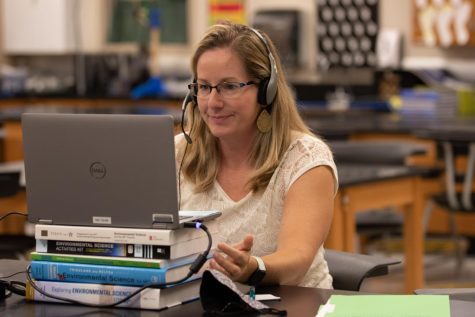 During her 1st Hour AP Environmental Science class, Gretchen Whelan begins her Zoom session. Teachers have been working from the building unless they were given permission to work from home due to a special circumstance like a health condition.