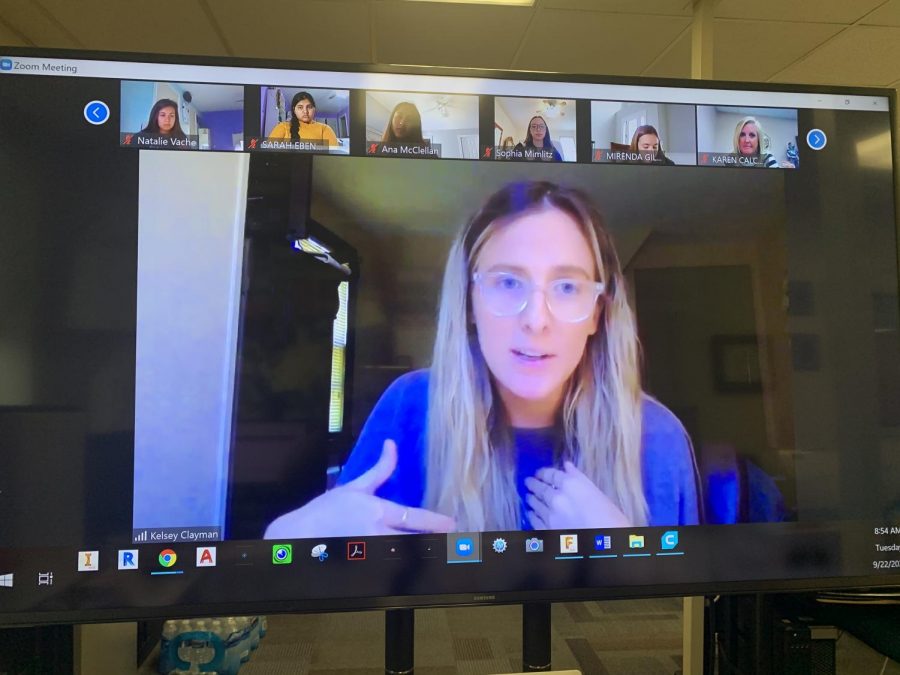 Kelsey Clayman, Class of 2012, speaks during a Women in STEM meeting. Clayman attended Harvard University in Boston, where she also played soccer. She now attends Columbia medical school in New York City and will graduate in May of 2022. Her mother, Lafayette teacher Kathy Clayman, said, 