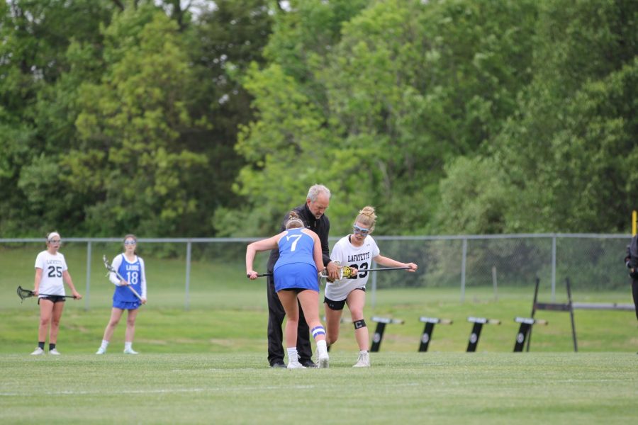 Moments before a draw, junior Ansley Hails sets off against the Laude Rams. The Lady Lancers played the Rams on May 11. Hails scored three goals in the contest. 