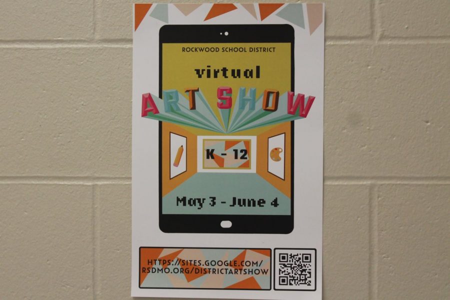 A poster for the virtual art show includes its website address and a QR code that links to the website.