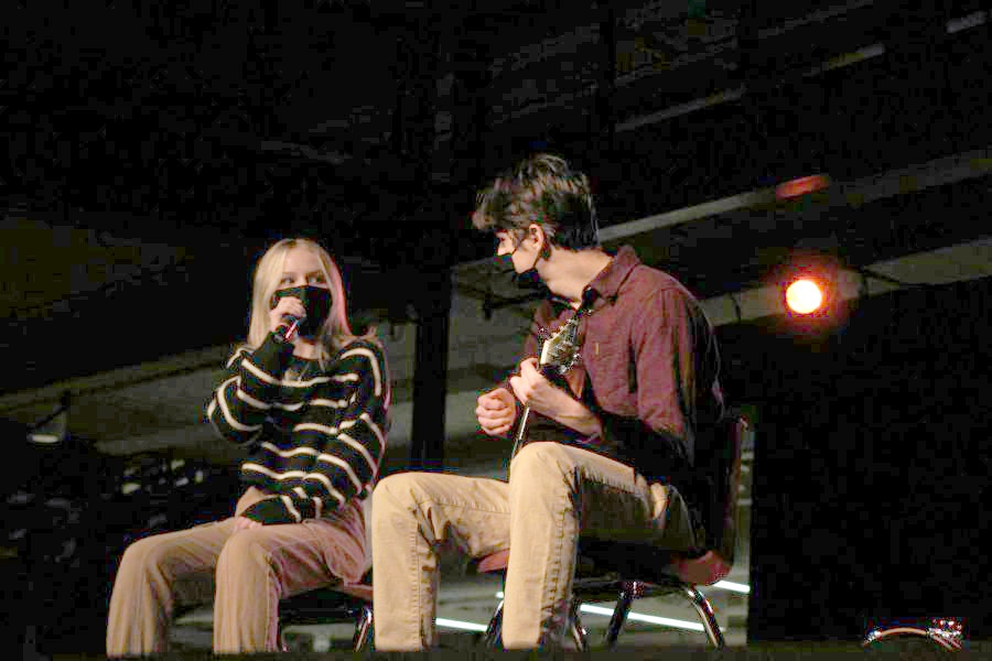 Armed with vocals and an acoustic guitar, seniors Andrew Balice and Rachel Vishion perform A-Team by Ed Sheeran. This was Balices first Coffee House event. It was my first time playing guitar in front of people. I’ve played guitar for a really long time, Balice said. Honestly I think Coffee House went great. Everyone did amazing because everyone has a ton of talent here.