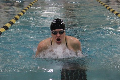 Swimming against Lindbergh on Dec. 14, junior Elizabeth Tyson competes in the breaststroke. In the meet, the Lady Lancers picked up a 140-48 win.