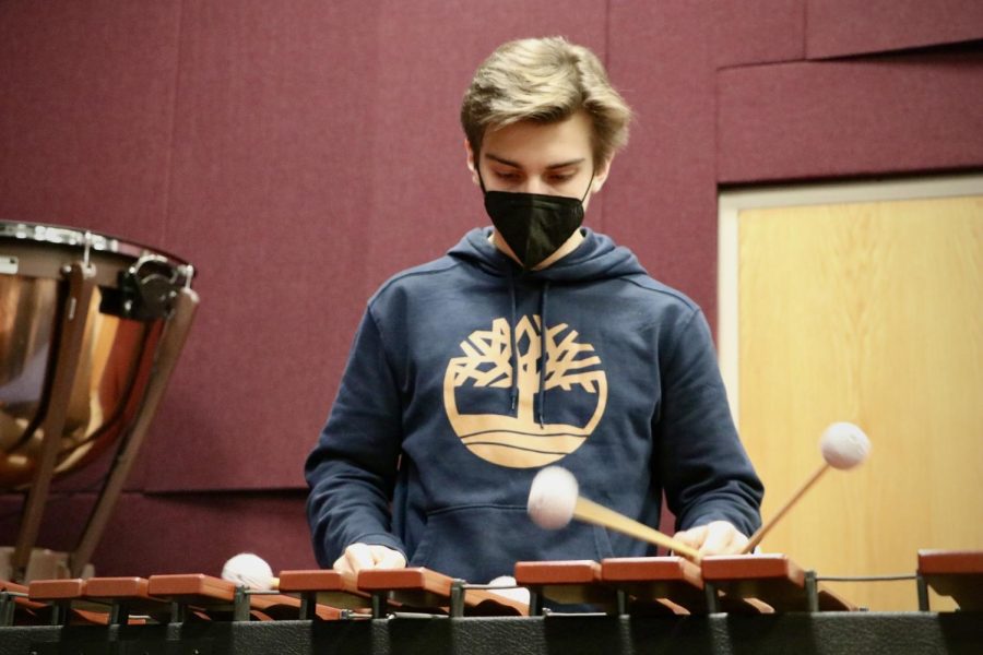 As part of making sure his skills are improving, sophomore Lucas Brown practices the marimba during AcLab. Brown is usually in band for AcLab once a week to practice his solos and other pieces.