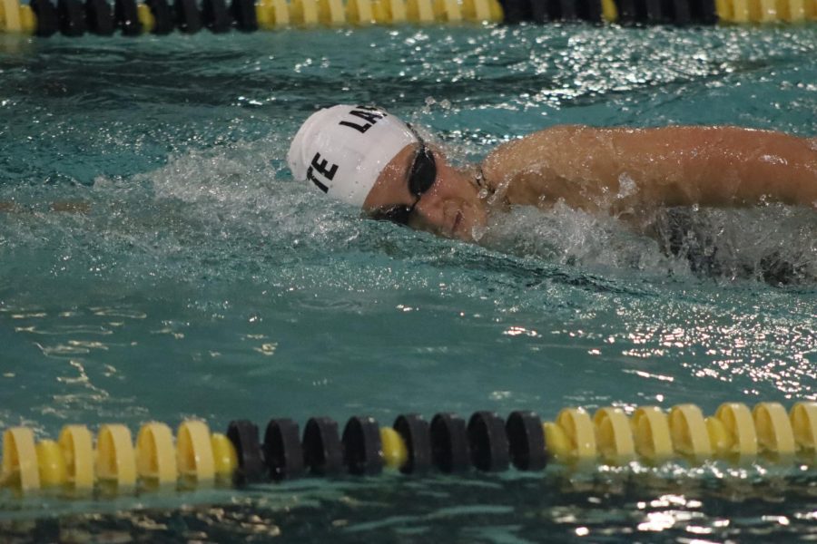Senior Jordan Moulton swims during the Kirkwood Invitational Tournament. She was part of a team that included senior Lindsey Lohr, junior Maddie Prager and senior Rachel Warner that took eighth place in the 200-meter free relay. 