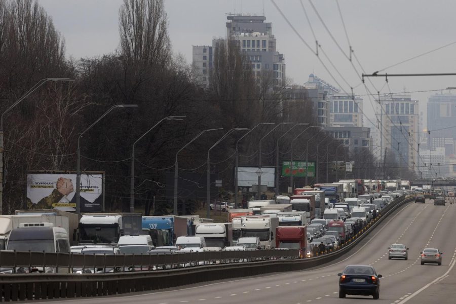 Cars sit at a standstill as people try to leave the city on Feb. 24, 2022, in Kyiv, Ukraine. Overnight, Russia began a large-scale attack on Ukraine, with explosions reported in multiple cities and far outside the restive eastern regions held by Russian-backed rebels.