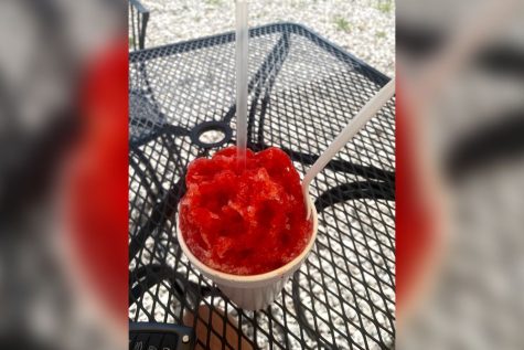 A basic cherry snow cone from Murrays. A small snow cone costs $3 whereas a monster snow cone costs $6.  