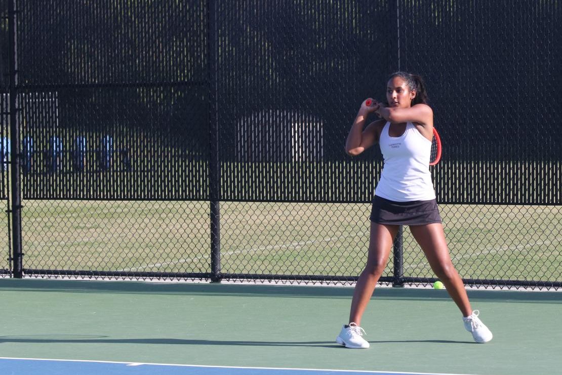  In a match again Ladue on Sept. 1, tennis captain and senior Saanvi Gudreddi follows through on a volley. Gudreddi is looking forward to getting closer with the new members on the team and has a goal to have a better attitude towards losses this season.