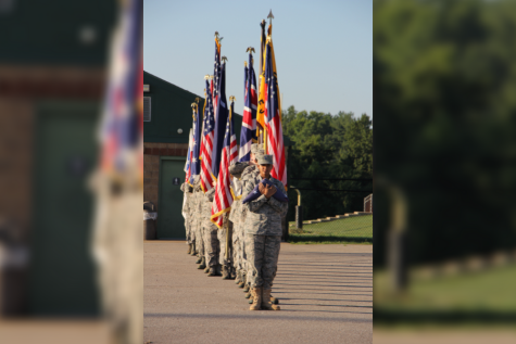To recognize the lives lost in the terrorist attacks on Sept. 11, 2001,  junior Vedika Kumar leads a line of ROTC cadets in the annual Patriot Day Ceremony on Sept. 9. Coordinating the event is one of the community service projects performed by ROTC members. 