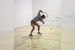 On Nov. 4, senior Simon Ruck serves a racquetball at practice. His first match will be on Nov. 22 against Parkway West.