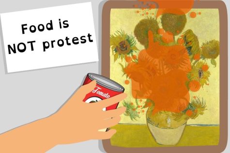 A can of tomato soup was thrown at Sunflowers, one of Vincent Van Goghs paintings, in protest.  While the environmental movement needs to be acknowledged now, the decision to protest by attempting to ruin a painting is ineffective. 