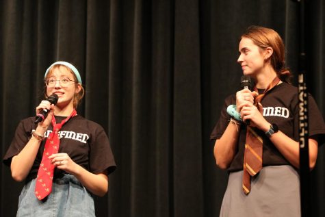 During an Undefined improv show, freshman Mary (left) and junior Patty (right) Kirtley speak about Dressember. Unlike her usual winter wardrobe, Patty has taken on the challenge of wearing a dress for the 31 days in December in support of Dressember. I definitely felt self-conscious because before this month I didn’t feel comfortable in a dress. As the challenge has progressed, I’ve gotten more comfortable with it, Kirtley said.
