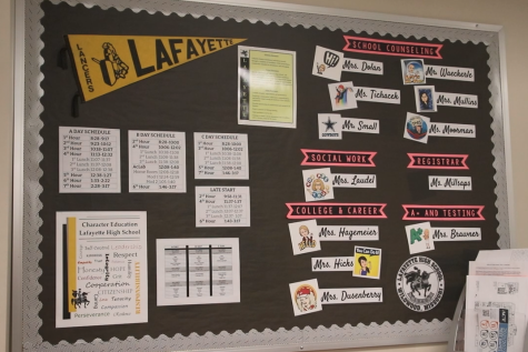 A bulletin board displayed in the Guidance Office displays the various members of the counseling staff at Lafayette along with a Bitmoji of each of them.