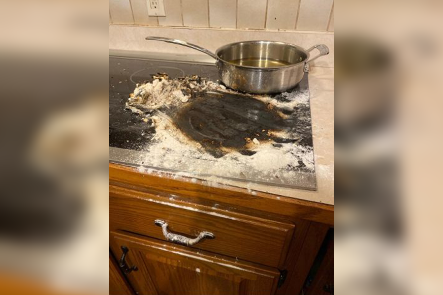 The aftermath of the fire freshman Andrea Olsen accidentally started in her kitchen in January of 2021. Olsen and her mom threw flour and baking soda in an attempt to put out the oil fire. No one was injured.