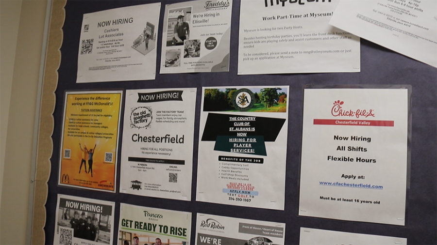 The College and Counseling room at Lafayette keeps a bulletin board full of job flyers for students to be exposed to summer opportunities. 