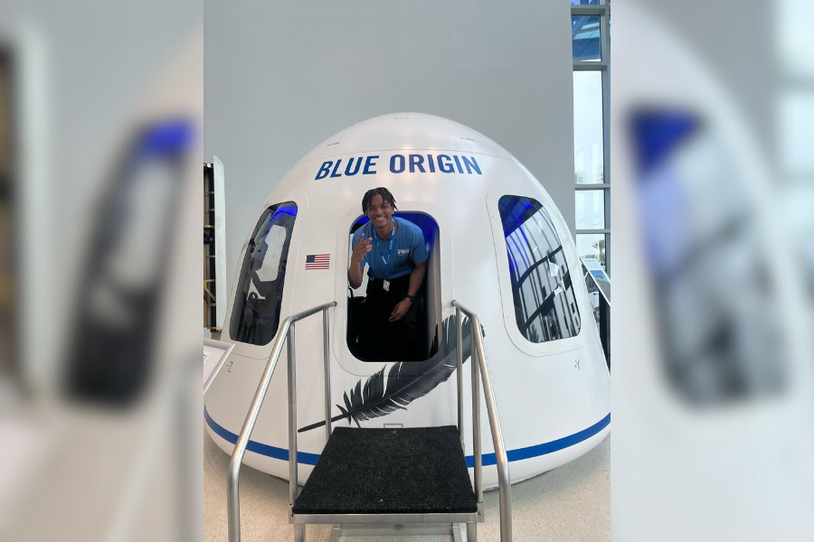 After winning a trip to Florida, senior Josiah Hickman sits in a Blue Origin crew capsule. Hickman won his trip to Florida and Blue Origin by being named a finalist in Space for the Benefit of Earth Challenge.
