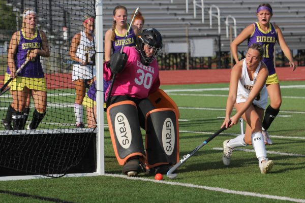 Attacking at the near post, senior Allie Chanski tries to squeeze the ball past the Eureka goalie. The Lady Lancers won their Battle of 109 matchup 6-0.