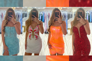 On Aug. 15, senior Kate Kilmer went to Mimis Prom dress shop to try on some dresses. The blue dress on the left is the dress Kilmer bought for Homecoming this year. As an influencer for the shop, Kilmer has a promo code and when people use that code, it gives her a discount on her dresses. 
