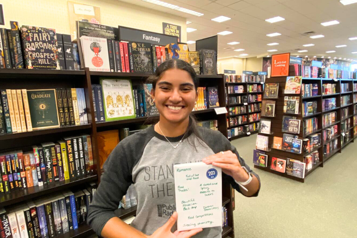 At Barnes & Noble, senior Vedika Kumar participated in Blind Date with a Book. During this event, books are wrapped in paper with descriptive words that give a hint about the novel, and individuals are free to choose which one they want to buy. 