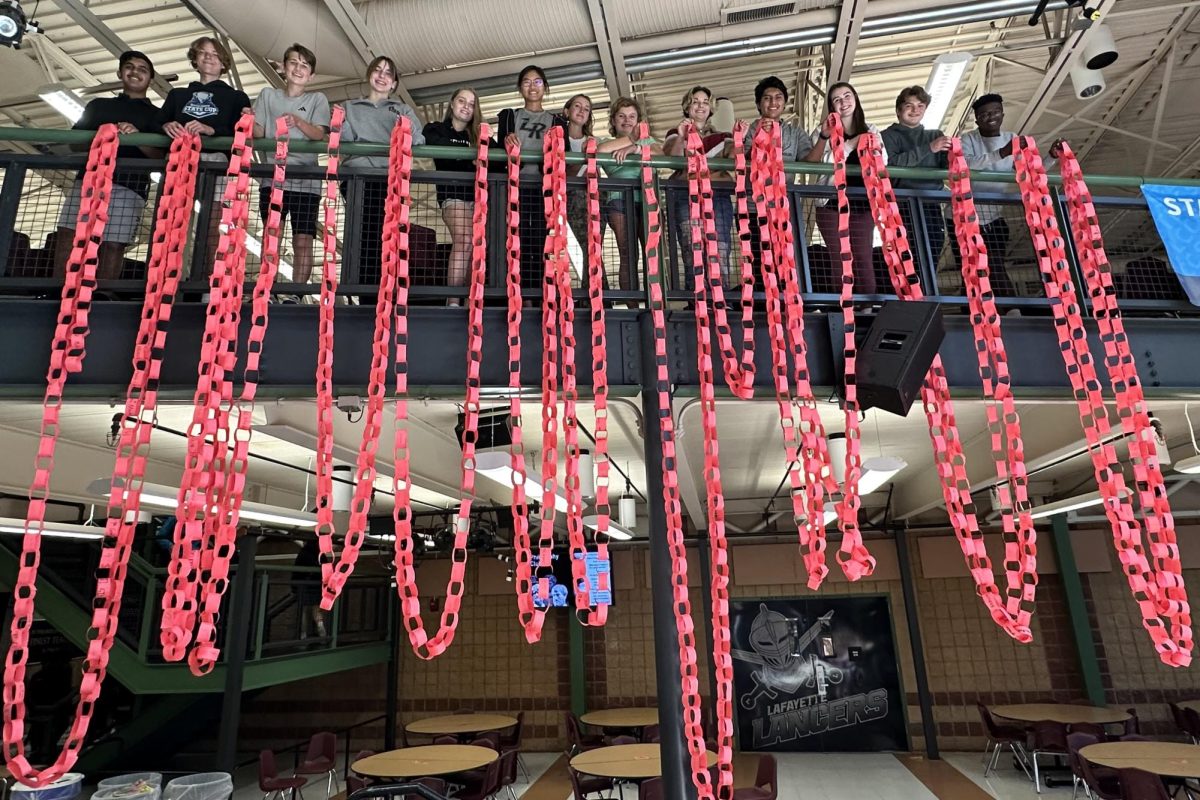 Standing from the second floor of the Commons, LPAC members help hang red paper links for National Red Ribbon Week. National Red Ribbon Week was created to encourage healthy, drug-free lifestyles. 