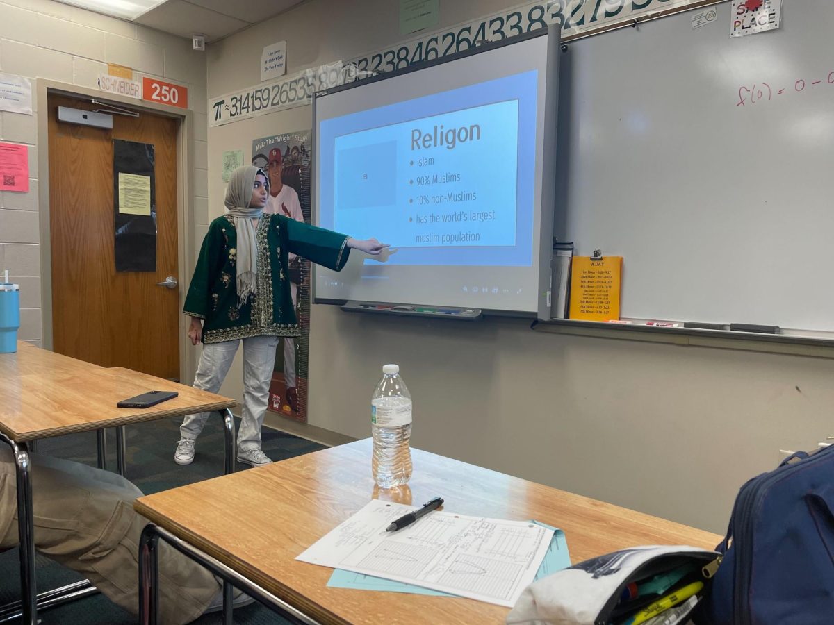 Junior Areej Younas shares her cultural presentation, a requirement of her exchange program, with 2nd Hour Algebra 2 class.
(Photo Courtesy Of Areej Younas)