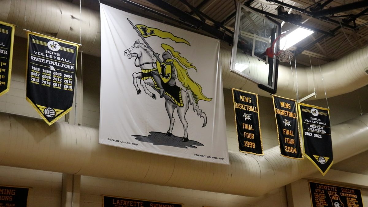 This lancer banner was added to the front gym in 1991. This banner features the Louie the Lancer on his horse.